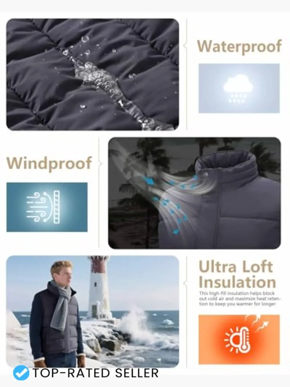 Men's Insulated Puffer Vest Quilted Sleeveless Jacket Waterproof Windproof Zip